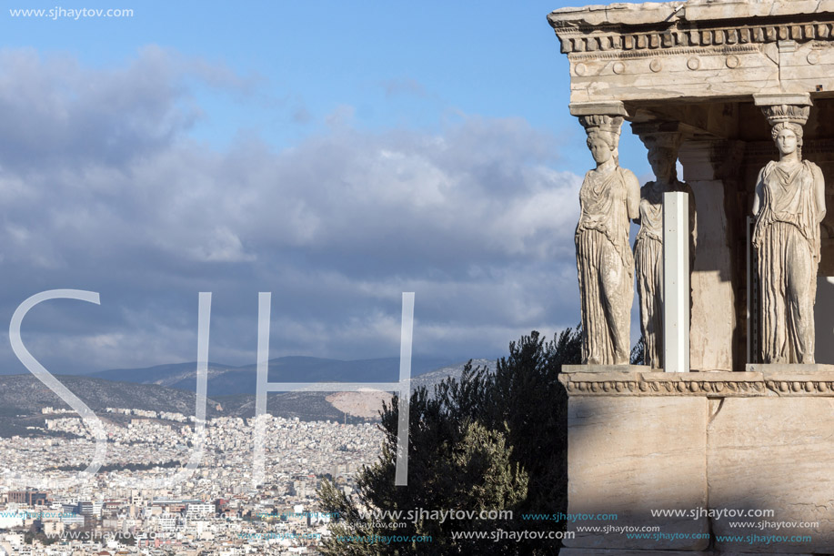 The Porch of the Caryatids in The Erechtheion an ancient Greek temple on the north side of the Acropolis of Athens, Attica, Greece