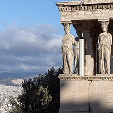The Porch of the Caryatids in The Erechtheion an ancient Greek temple on the north side of the Acropolis of Athens, Attica, Greece