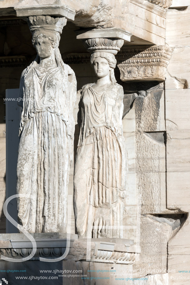 The Porch of the Caryatids in The Erechtheion an ancient Greek temple on the north side of the Acropolis of Athens, Attica, Greece