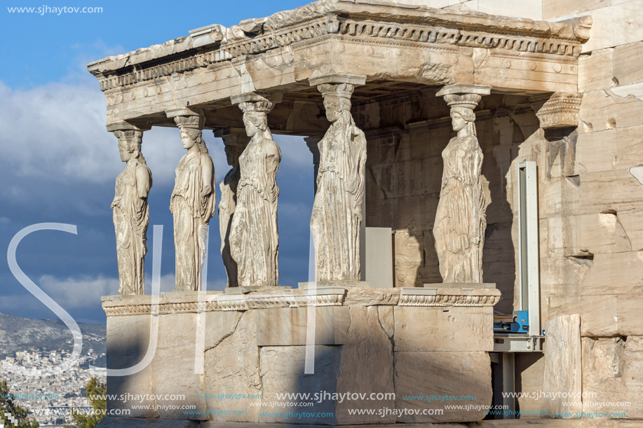 The Porch of the Caryatids in The Erechtheion an ancient Greek temple on the north side of the Acropolis of Athens, Attica, Greece