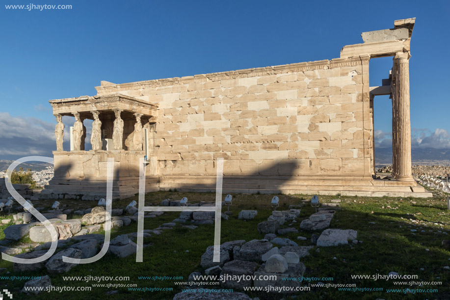 The Porch of the Caryatids in The Erechtheion an ancient Greek temple on the north side of the Acropolis of Athens, Attica, Greece