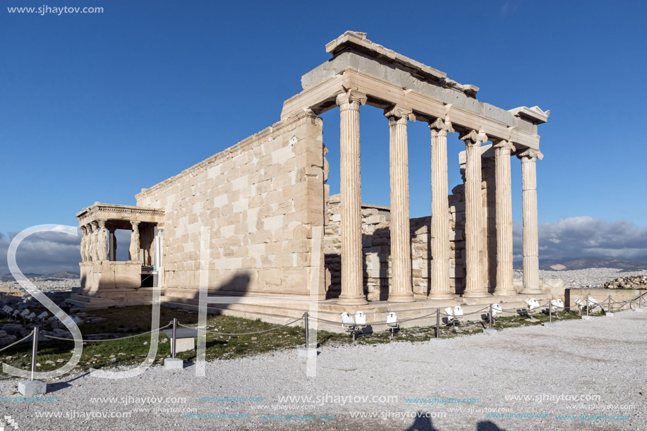 The Porch of the Caryatids in The Erechtheion an ancient Greek temple on the north side of the Acropolis of Athens, Attica, Greece