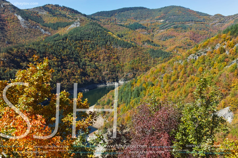 Autumn Panoramic view of Tsankov kamak Reservoir, Smolyan Region, Bulgaria