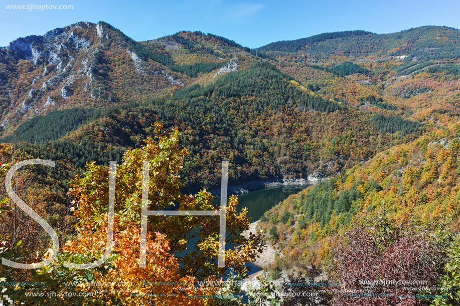 Autumn Panoramic view of Tsankov kamak Reservoir, Smolyan Region, Bulgaria