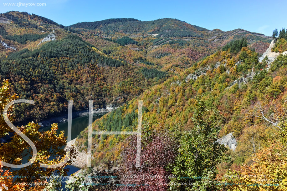 Autumn Panoramic view of Tsankov kamak Reservoir, Smolyan Region, Bulgaria