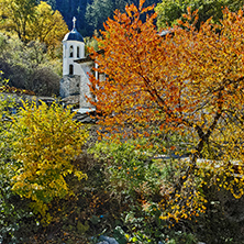19th century Church of the Assumption, river and Autumn tree in town of Shiroka Laka, Smolyan Region, Bulgaria