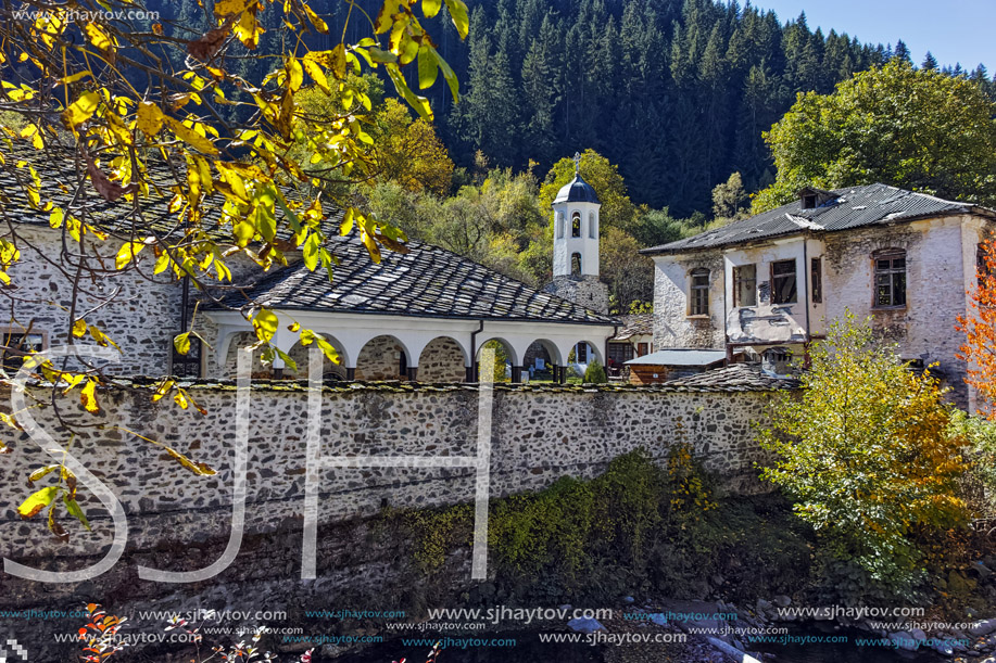 Autumn landscape of the Vacha (Antonivanovtsy) Reservoir, Rhodopes Mountain, Bulgaria