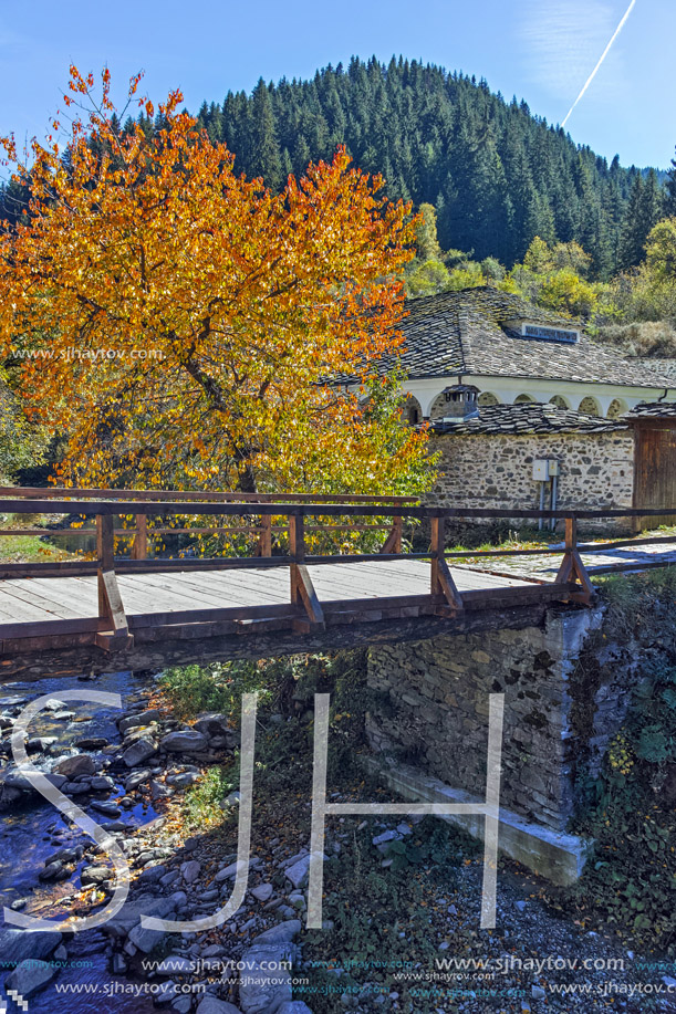 19th century Church of the Assumption, river and Autumn tree in town of Shiroka Laka, Smolyan Region, Bulgaria