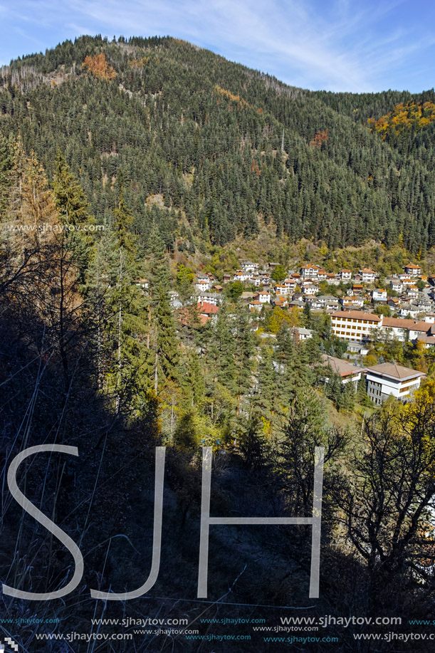 Panoramic view of town of Shiroka Laka and Rhodope Mountains, Smolyan Region, Bulgaria