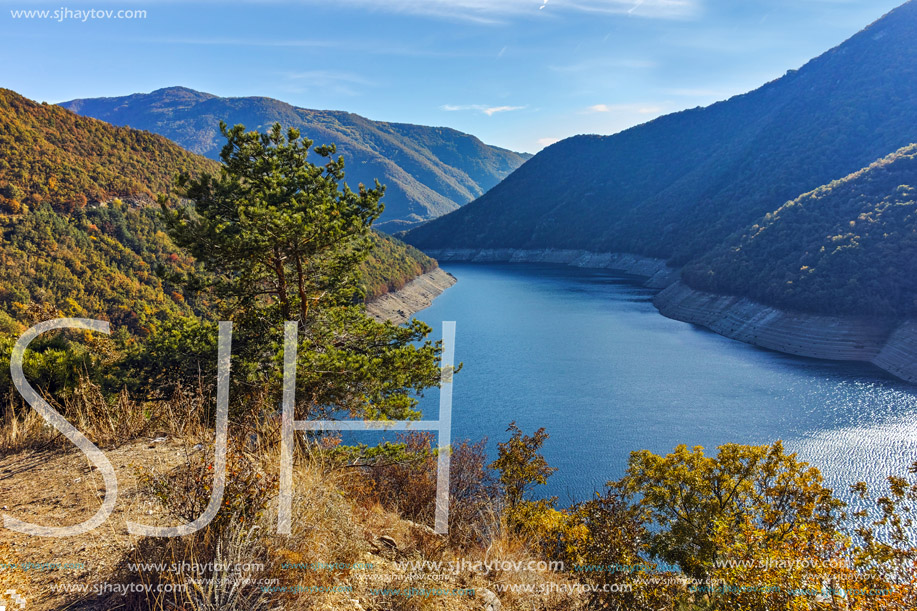 Autumn landscape of the Vacha (Antonivanovtsy) Reservoir, Rhodopes Mountain, Bulgaria