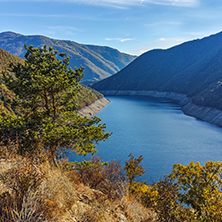 Autumn landscape of the Vacha (Antonivanovtsy) Reservoir, Rhodopes Mountain, Bulgaria