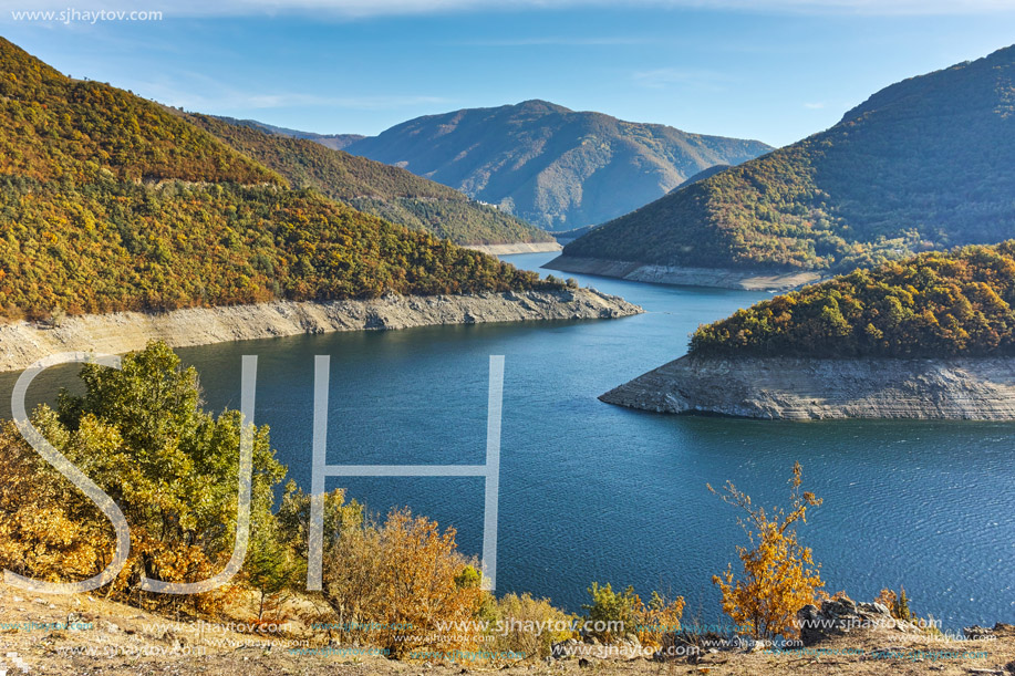 Autumn  view of Meander of Vacha (Antonivanovtsy) Reservoir, Rhodopes Mountain, Bulgaria