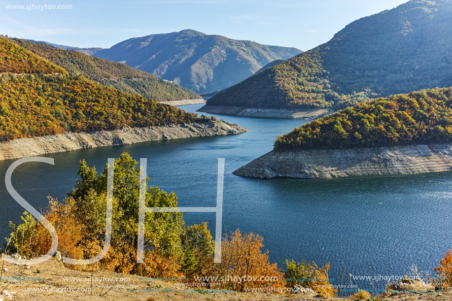 Autumn landscape of Meander of Vacha (Antonivanovtsy) Reservoir, Rhodopes Mountain, Bulgaria