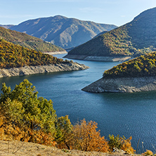 Autumn landscape of Meander of Vacha (Antonivanovtsy) Reservoir, Rhodopes Mountain, Bulgaria