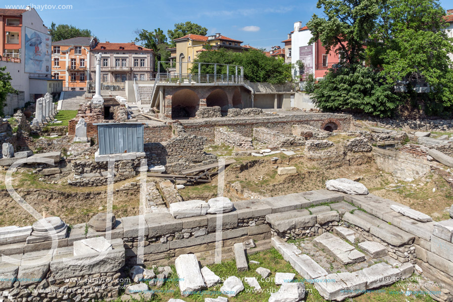 Panorama of Ruins of Roman Odeon in city of Plovdiv, Bulgaria
