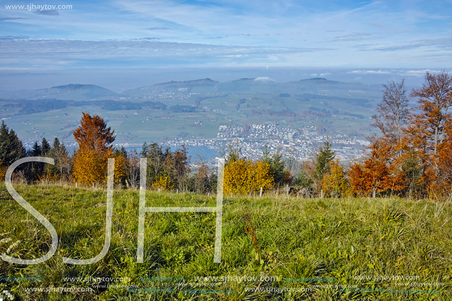 Green meadows above Lake Lucerne, near mount Rigi, Alps, Switzerland