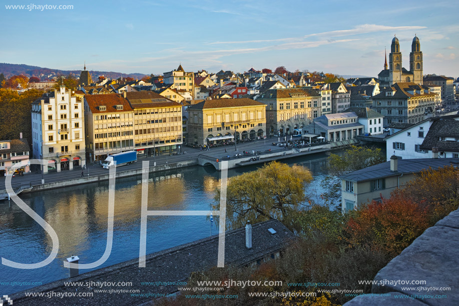 Reflection of City of Zurich in Limmat River, Switzerland