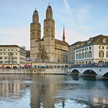 Church of Grossmunster and reflection in Limmat River, Zurich, Switzerland