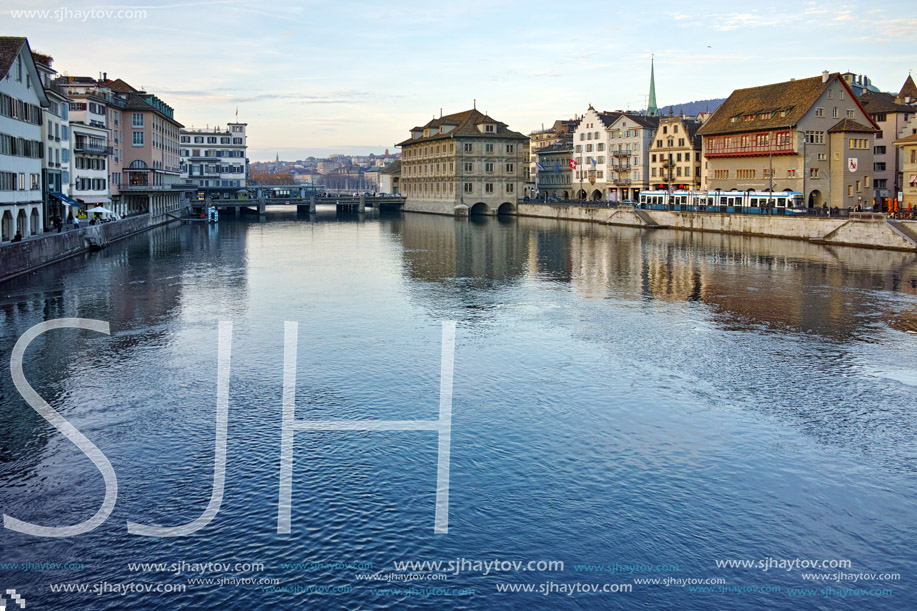 Reflection of City of Zurich in Limmat River, Switzerland