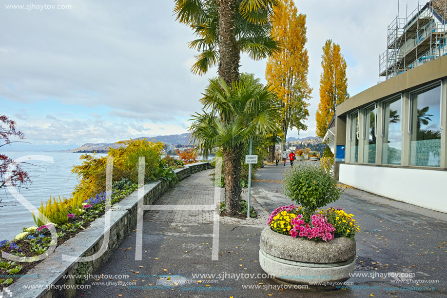 Autumn view of embankment of Montereux, canton of Vaud, Switzerland