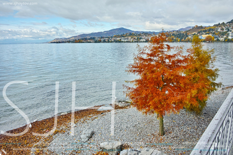 Autumn view of embankment of Montereux, canton of Vaud, Switzerland