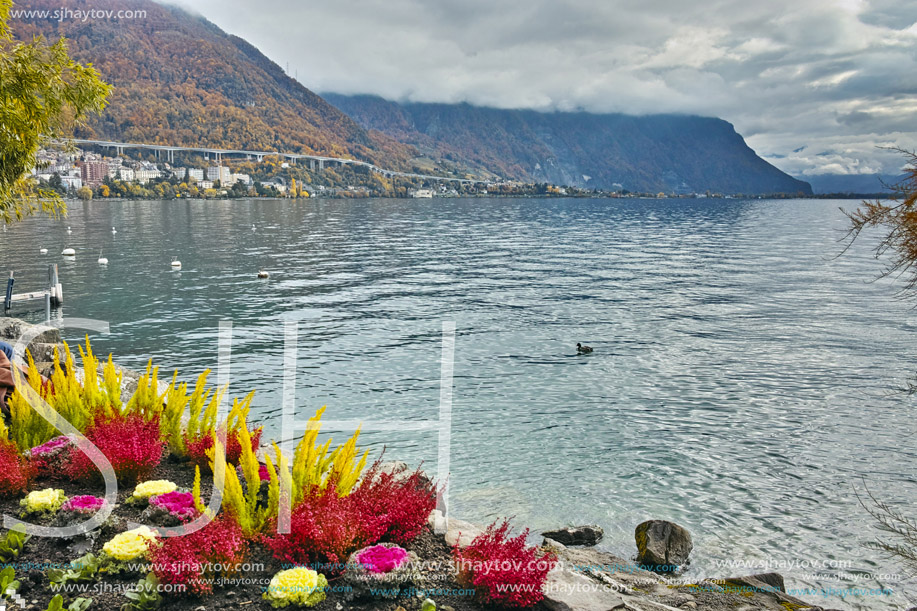 Autumn view of embankment of Montereux, canton of Vaud, Switzerland