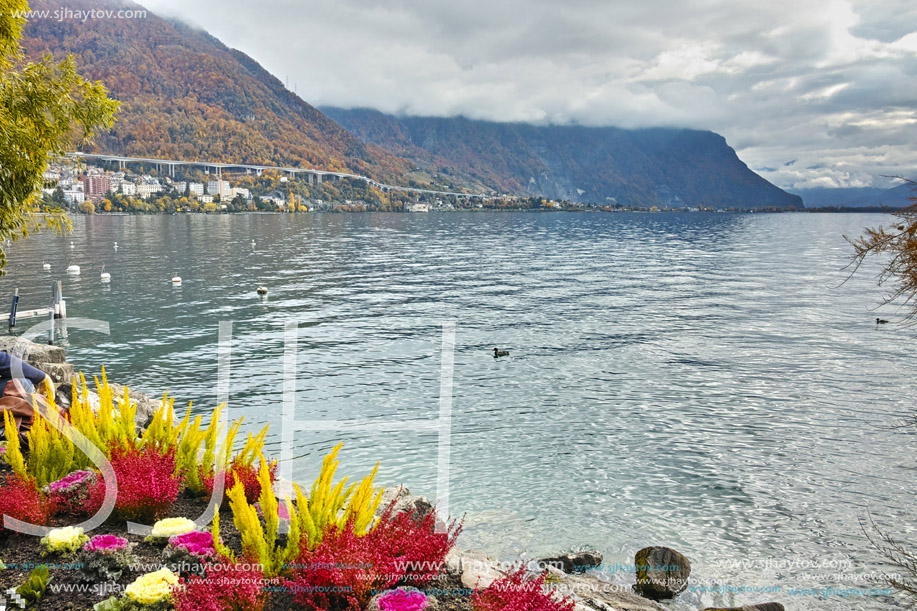 Autumn view of embankment of Montereux, canton of Vaud, Switzerland