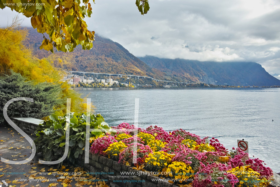 Autumn view of embankment of Montereux, canton of Vaud, Switzerland