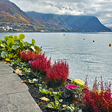 Autumn view of embankment of Montereux, canton of Vaud, Switzerland