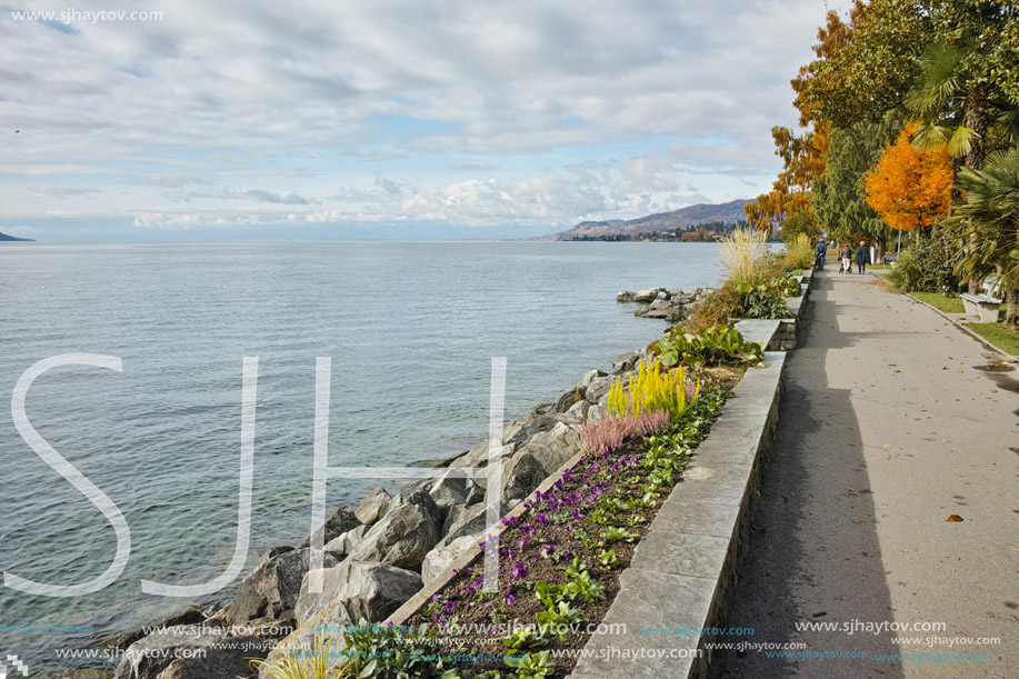 Autumn view of embankment of Montereux, canton of Vaud, Switzerland