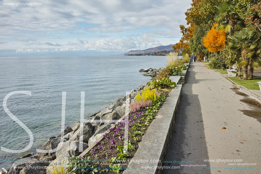 Autumn view of embankment of Montereux, canton of Vaud, Switzerland