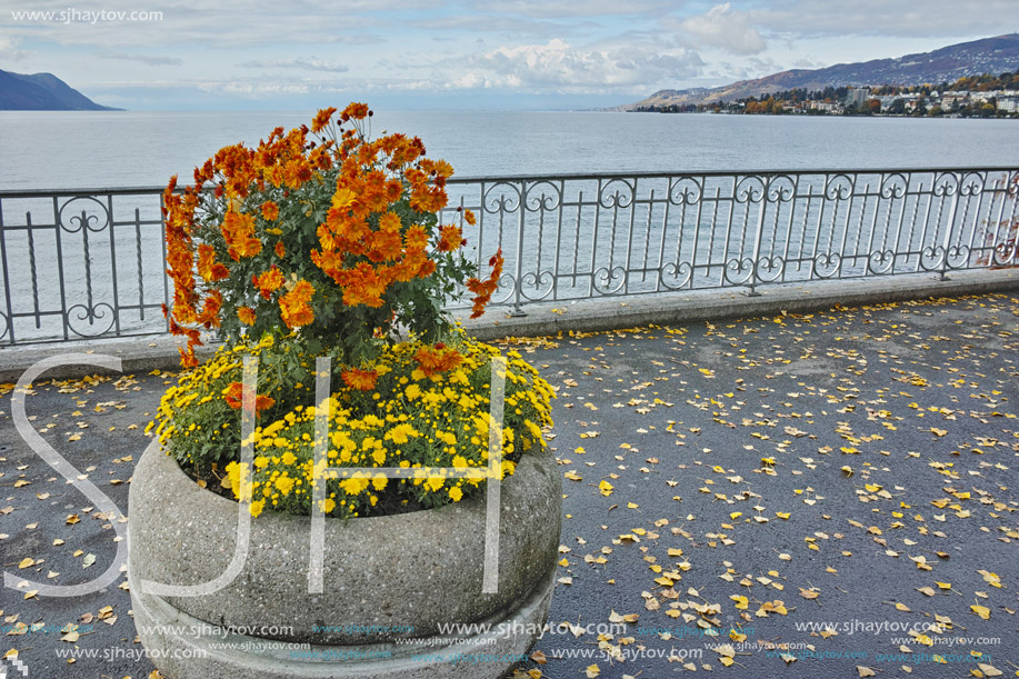 Autumn view of embankment of Montereux, canton of Vaud, Switzerland