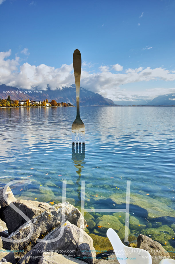 Panoramic view of Lake Geneva from town of Vevey, canton of Vaud, Switzerland