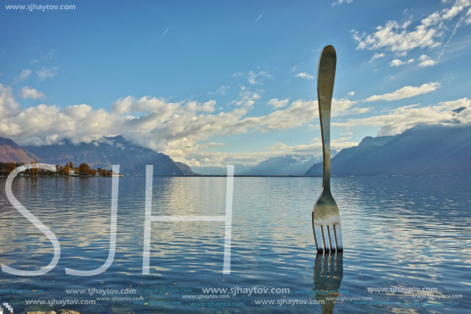 Panoramic view of Lake Geneva from town of Vevey, canton of Vaud, Switzerland