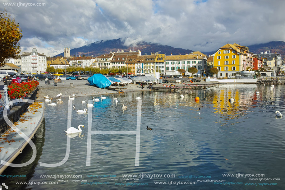 Panoramic view of Lake Geneva from town of Vevey, canton of Vaud, Switzerland