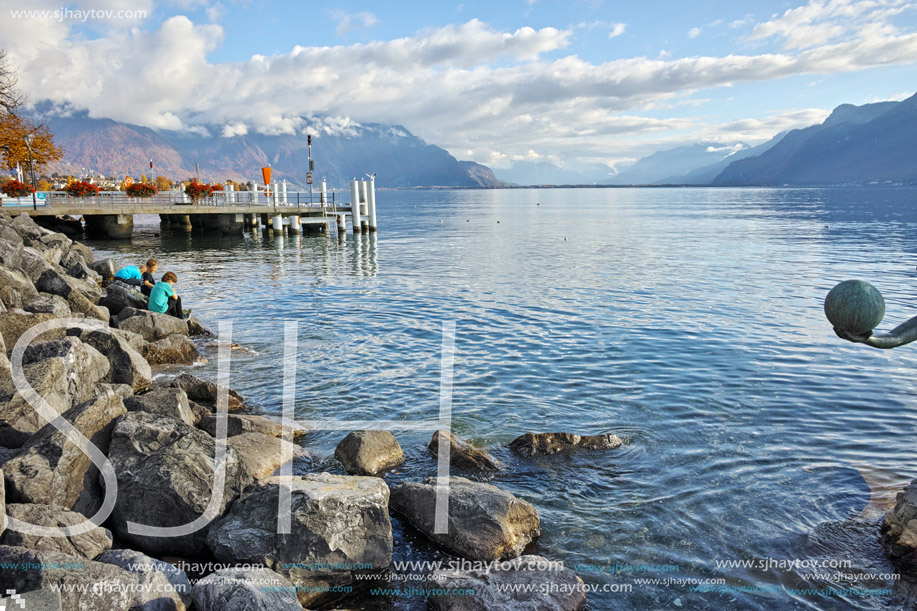 Panoramic view of Lake Geneva from town of Vevey, canton of Vaud, Switzerland