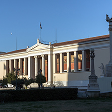Statue in front of University of Athens, Attica, Greece