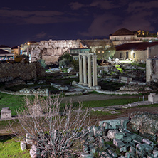 Night photo of Hadrian"s Library in Athens, Attica, Greece