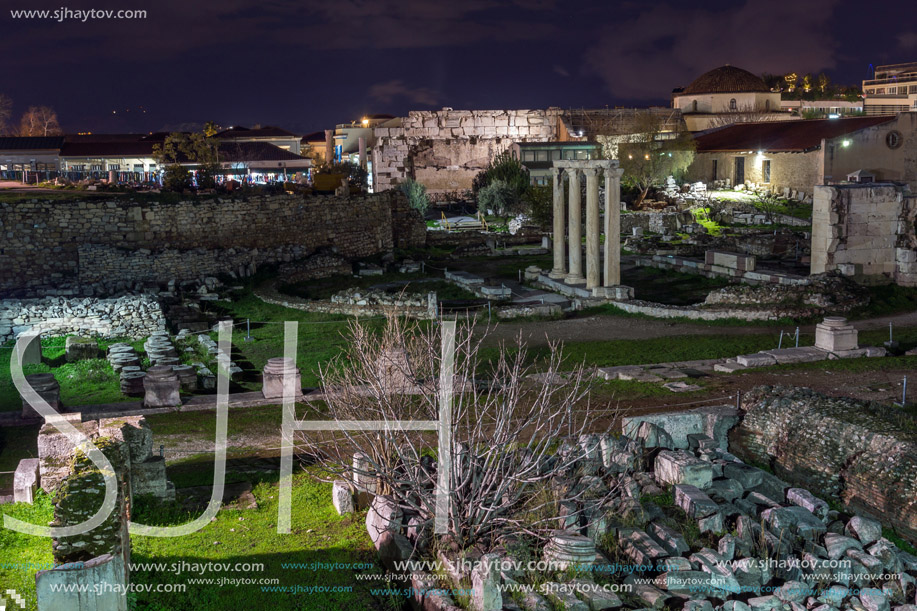 Night photo of Hadrian"s Library in Athens, Attica, Greece