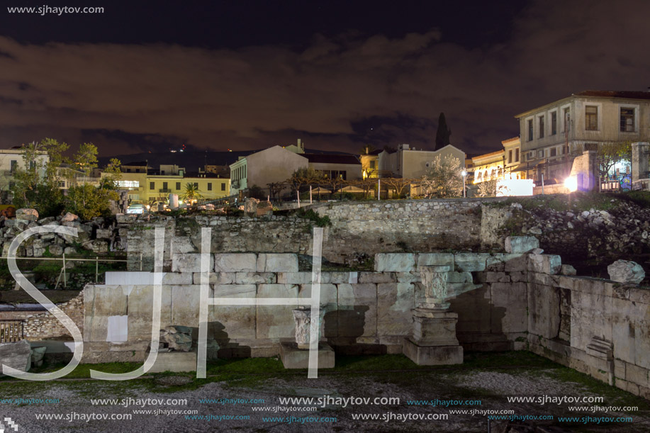 Night photo of Hadrian"s Library in Athens, Attica, Greece