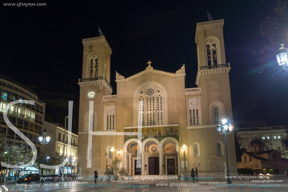 Night photo of Metropolitan Cathedral in Athens, Attica, Greece