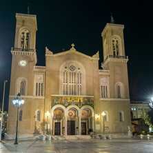 Night photo of Metropolitan Cathedral in Athens, Attica, Greece