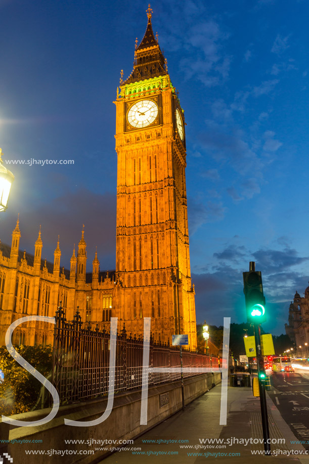LONDON, ENGLAND - JUNE 16 2016: Sunset view of Houses of Parliament and Big Ben, Westminster palace, London, England, Great Britain
