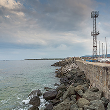 Sunset view of Lighthouse on the port of town of Tsarevo, Burgas Region, Bulgaria