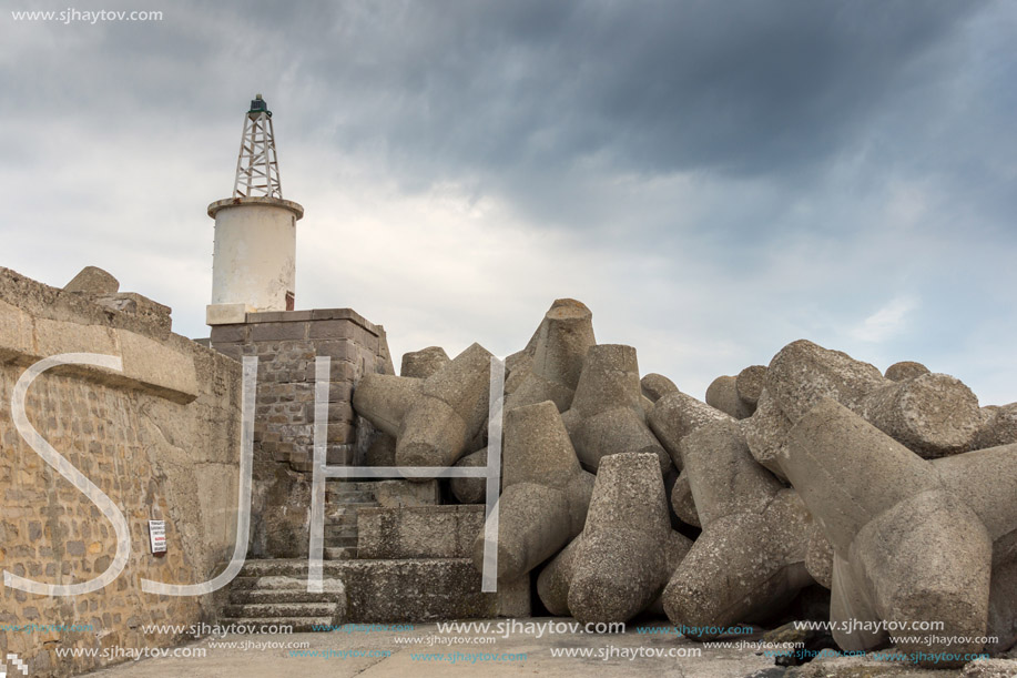Sunset view of Lighthouse on the port of town of Tsarevo, Burgas Region, Bulgaria