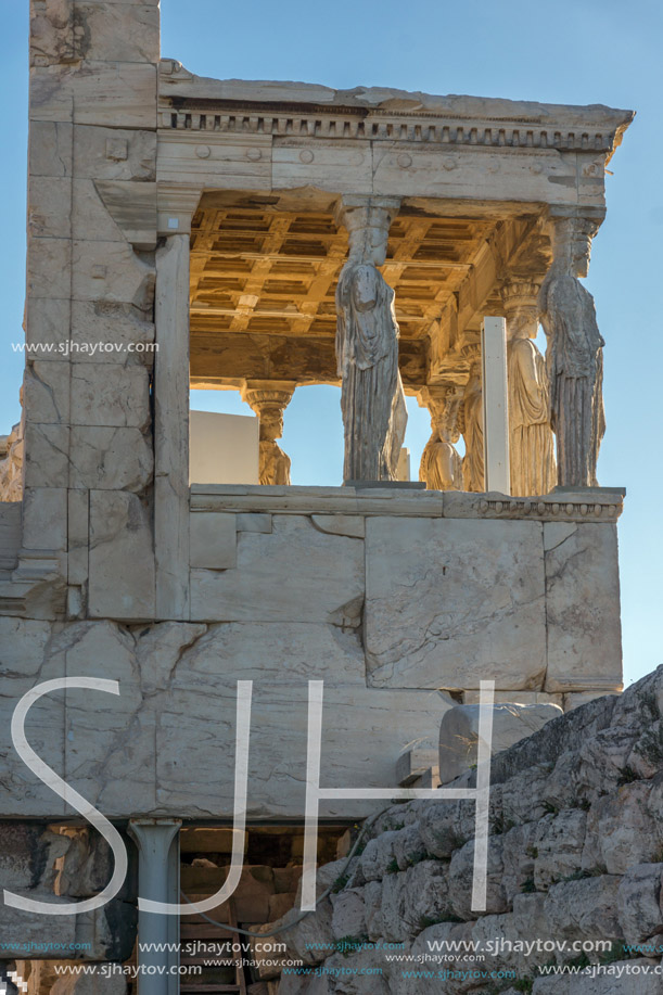 The Porch of the Caryatids in The Erechtheion an ancient Greek temple on the north side of the Acropolis of Athens, Attica, Greece