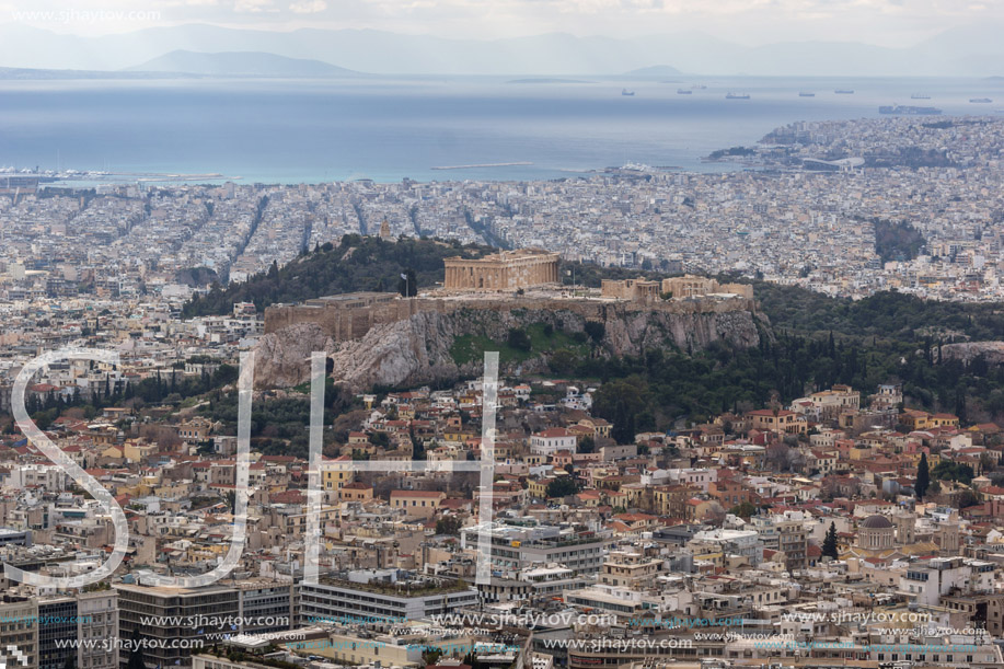 Amazing view of the Acropolis of Athens from Lycabettus hill, Attica, Greece