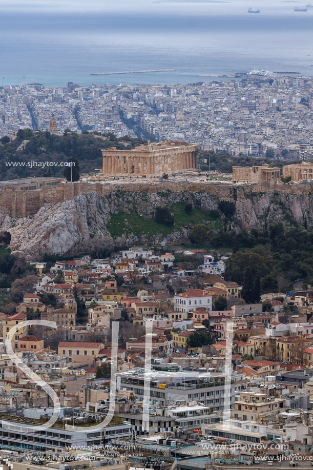 Amazing view of the Acropolis of Athens from Lycabettus hill, Attica, Greece