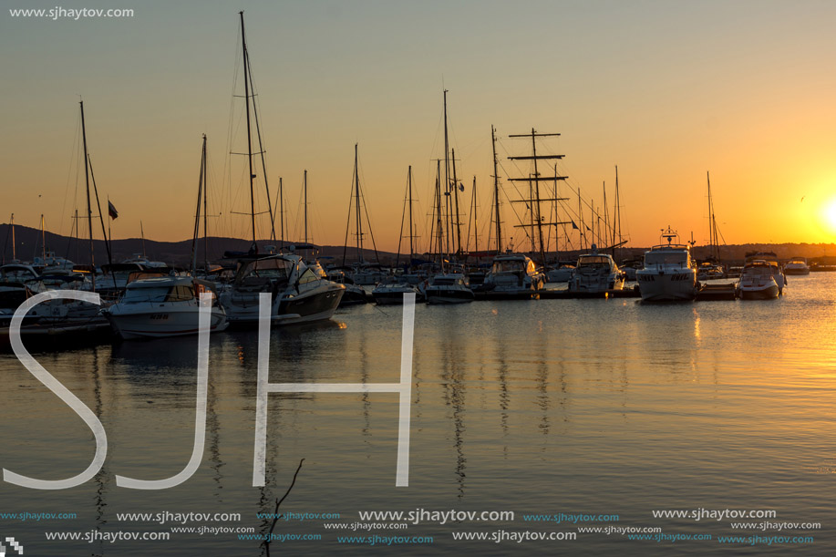 SOZOPOL, BULGARIA - JULY 11, 2016: Amazing Sunset at the port of Sozopol, Burgas Region, Bulgaria