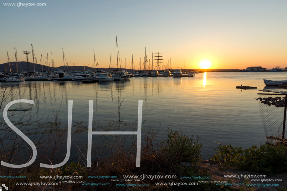 SOZOPOL, BULGARIA - JULY 11, 2016: Amazing Sunset at the port of Sozopol, Burgas Region, Bulgaria